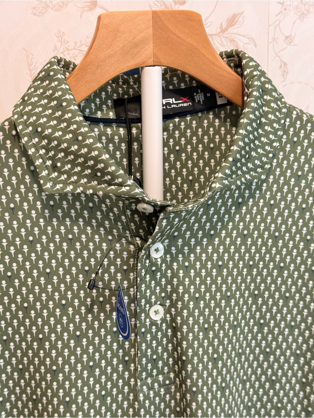 RLX Ralph Lauren Olive Green Polo with White Geometric Print
